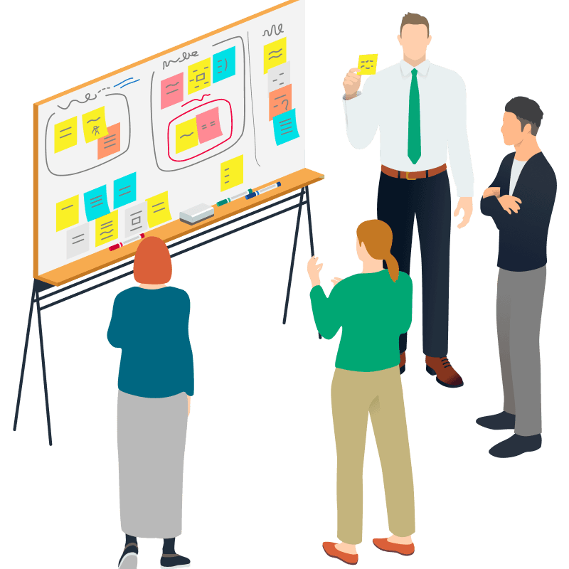 ホワイトボードの前でアイデアを話し合う高校生のイラスト